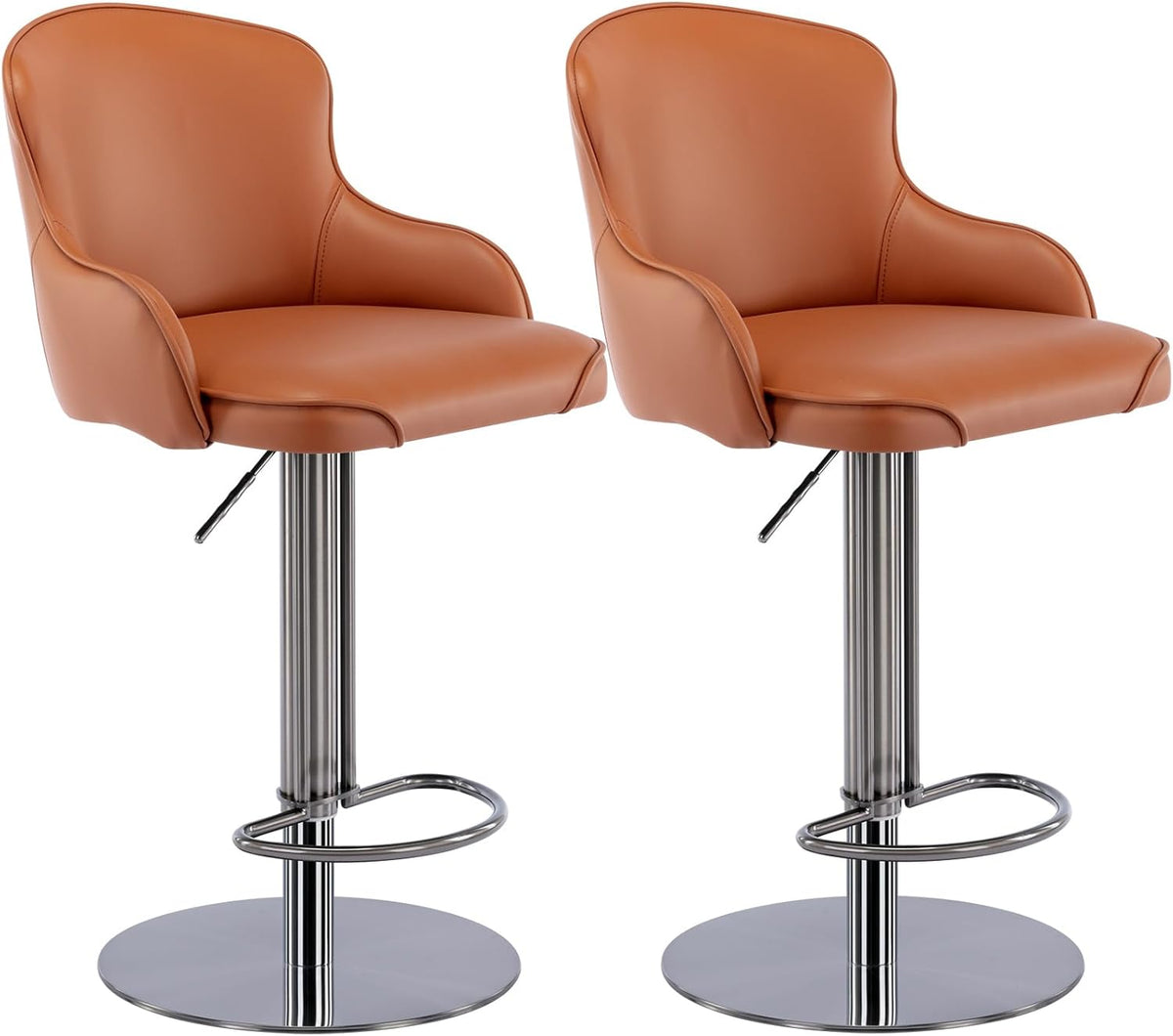 CozyRain Bar Stools Adjustable Stainless Steel Swivel Barstool with Back and Footrest,Modern Leather Upholstered Bar Chairs for Home,Kitchen,Bar, Counter Orange/Grey (2pcs Brown)