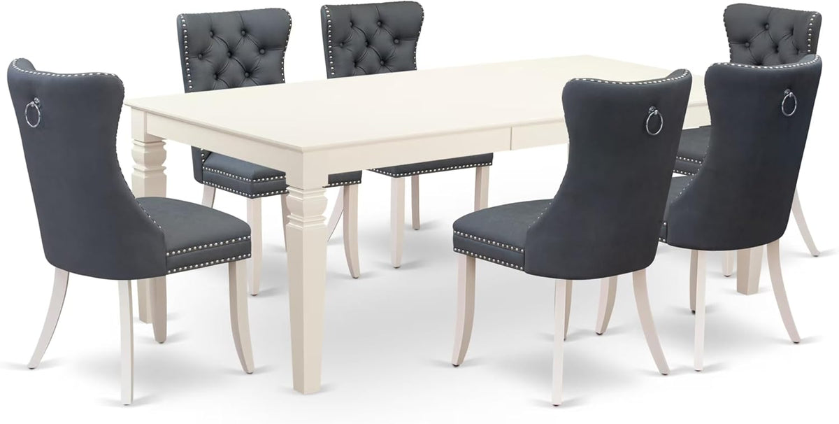 East West Furniture LGDA7-LWH-13 7 Piece Kitchen Set Consists of a Rectangle Dining Table with Butterfly Leaf and 6 Polyester Fabric Padded Chairs, linen white