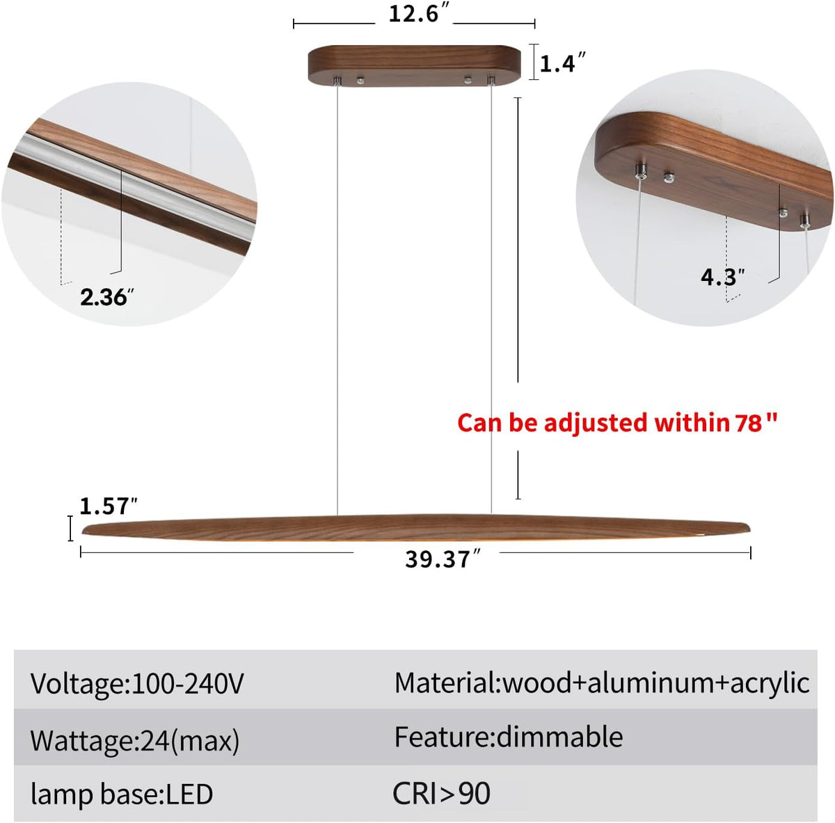 39" Wood Linear Pendant Light LED Dimmable Hanging Light Dinning Room Light Fixture Island Lights 24w for Dining Room Kitchen Island Bar Walnut Color