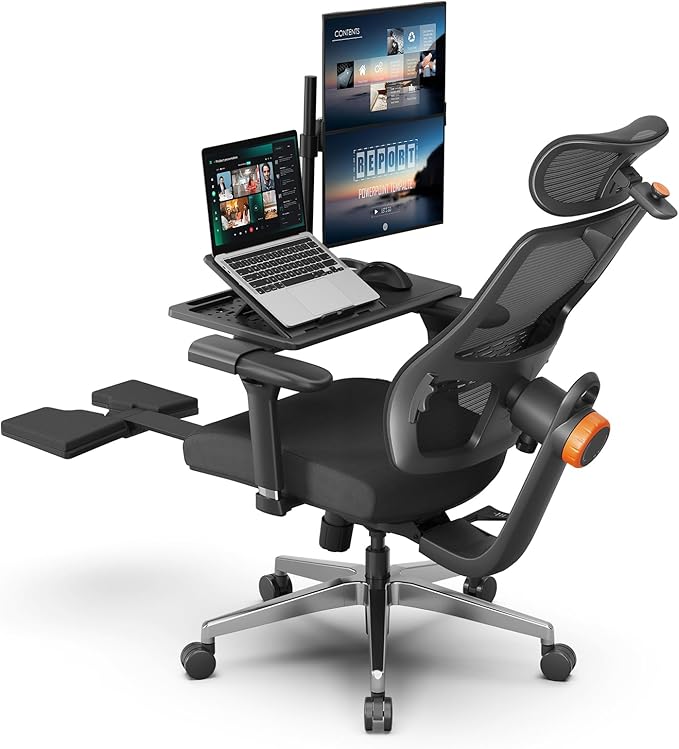 Newtral Ergonomic Home Office Chair-Office Desk Chair with Footrest, Auto-Following Backrest & Headrest, 4D Armrests, 96°-136° Recline (Black, with Laptop Table)