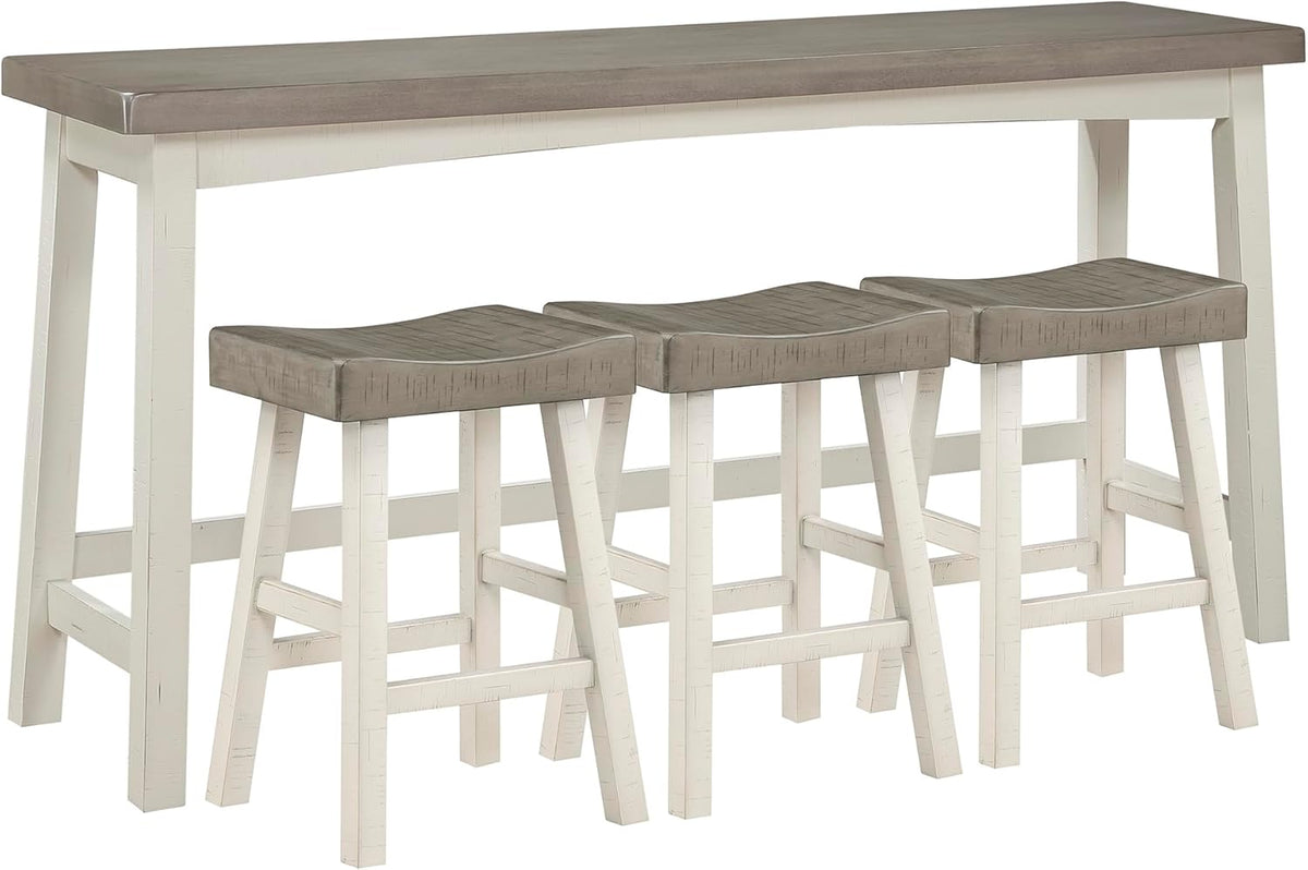 Lexicon Bar Table Set for 3, Small Kitchen Table Set Kitchen Island Table with 3 Saddle Bar Stools, 4 Piece Dining Table Set for Breakfast Nook, Living Room, Apartment, Counter Height, White/Coffee