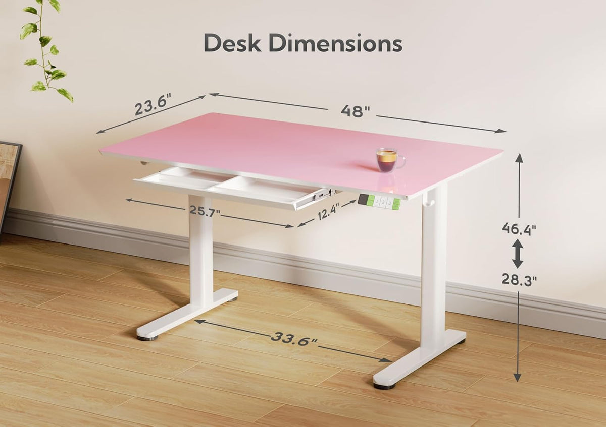 INNOVAR Glass Standing Desk with Drawers, Adjustable Height Stand Up Desk, Electric Standing Desks with Storage, 48 inch, Morandi Powder