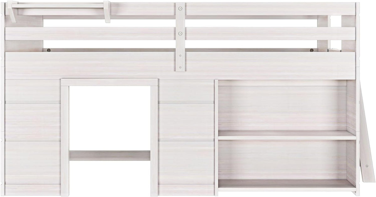 Max & Lily Modern Farmhouse Twin Low Loft Bed with Bookcase - Solid Wood, 15” Guardrails, 400-lb Capacity, Low-VOC Finish, White Wash