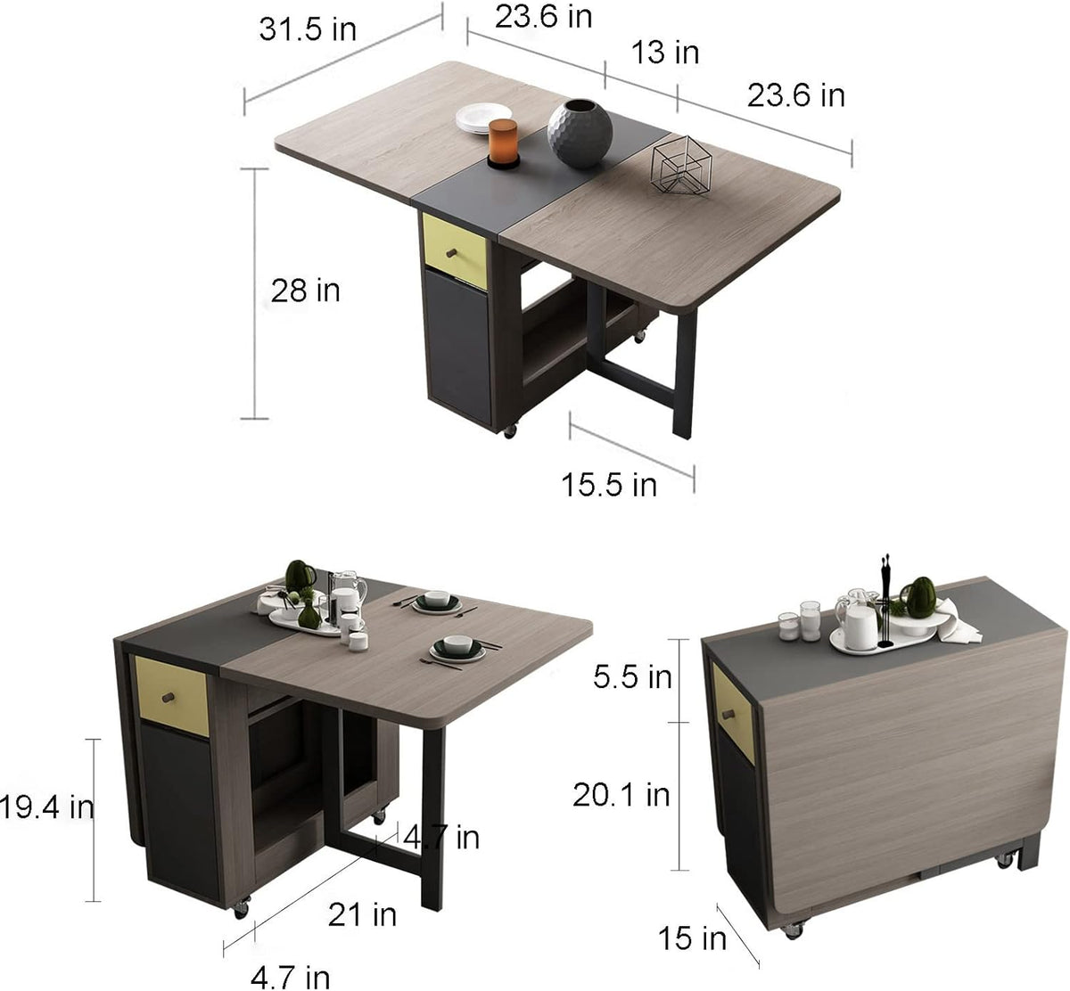 Folding Dining Table Set for 4, Foldable Kitchen Dinner Table and 2 Chairs Set, Extendable Space Saving Drop Leaf Table with Wheels and Storage
