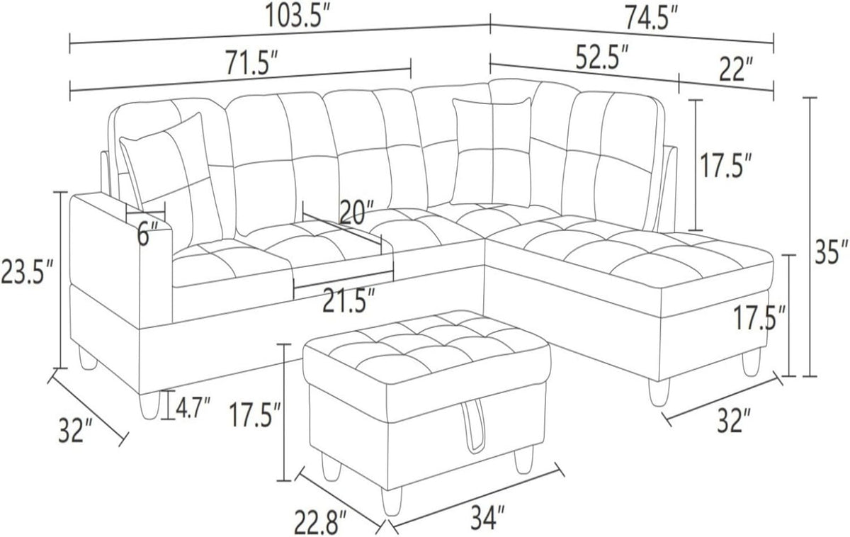 Sectional Couch with Ottoman Storage, L Shaped Sofa Furniture Sets, Modern Modular Couch Comfy Sofa for Living Room Bedroom, White