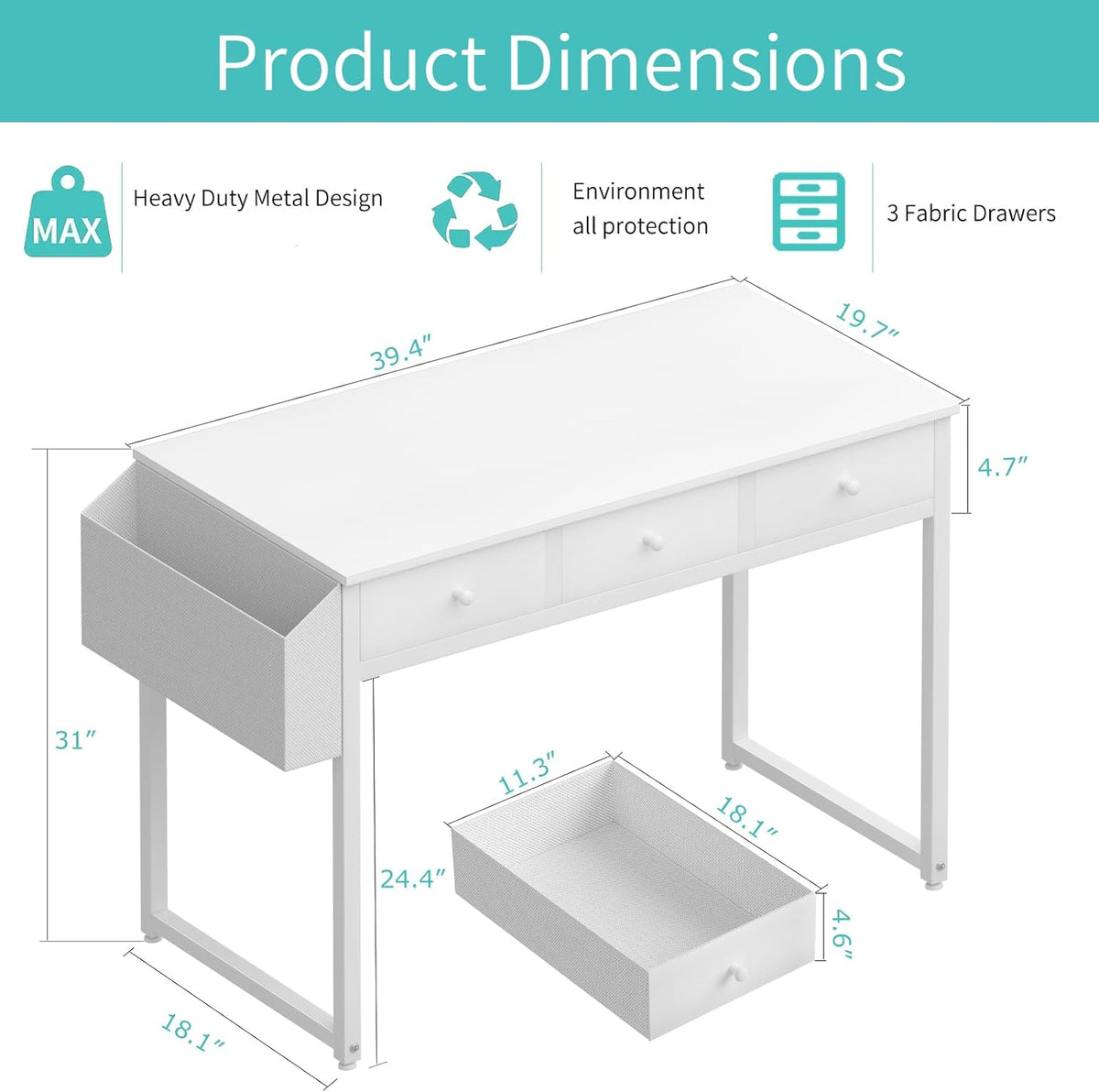 Lufeiya Small White Computer Desk with Fabric Drawers for Home Office Bedroom, 40 Inch Vanity Desk with Drawer Storage and Side Pouch, Study Writing Table, White