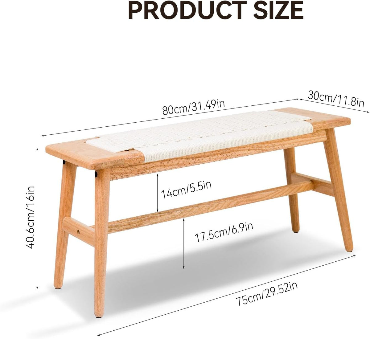 Solid Wood Entryway Bench, Wooden Dining Benches for 2, End of Bed Bench w/Hand-Woven Rope for Bedroom Kitchen Dining Room Living Room Entry Décor (White Rope, 31.49" L)