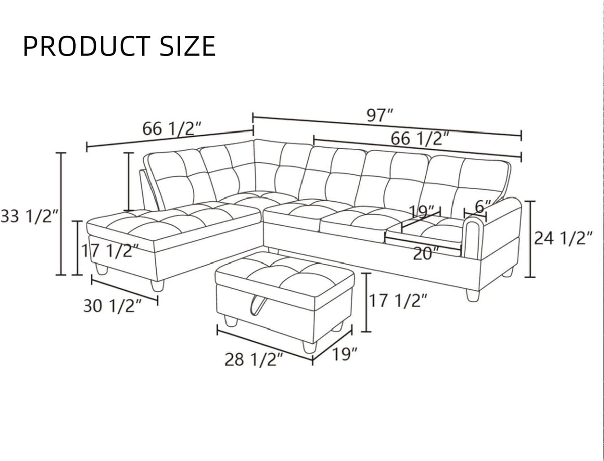 L Shaped Sectional Couches for Living Room, Modular 4 Seat Sofa with Ottoman Storage, Modern Couch with Chaise for Bedroom Apartment Furniture, Black