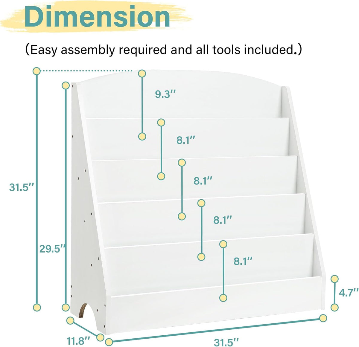 TOETOL 5-Tier Kids Bookshelf - Toddler Book Display Shelves for Classrooms, Playrooms, and Nursery - Wooden Children Book Rack (White)