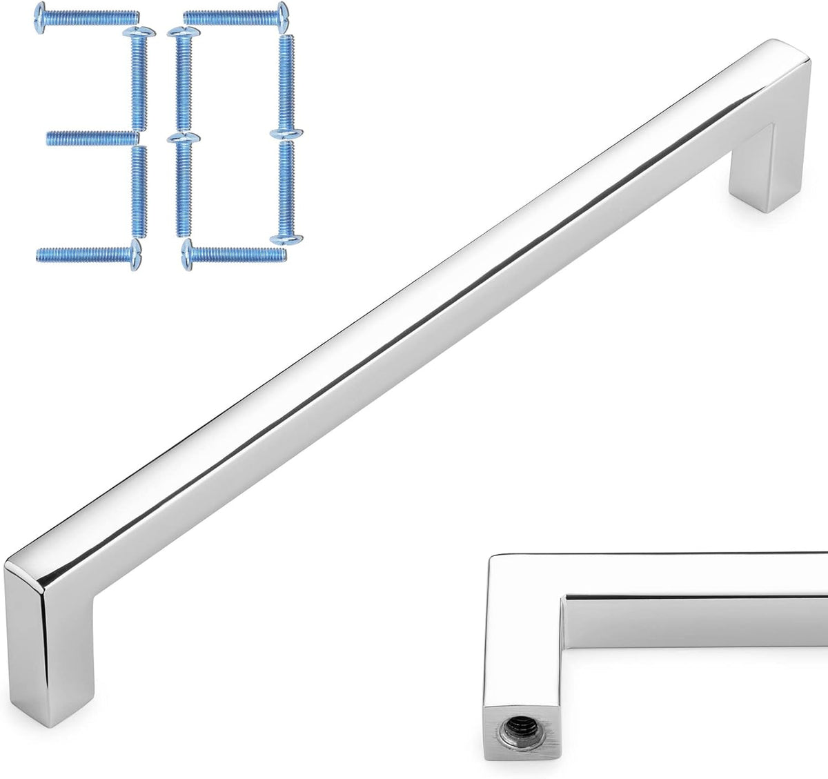 KOOFIZO 30-Pack Solid Square Bar Cabinet Handle - Chrome Furniture Pull, 6.3 Inch/160mm Screwhole Distance for Kitchen Cupboard Door, Bedroom Dresser Drawer, Bathroom Wardrobe Hardware