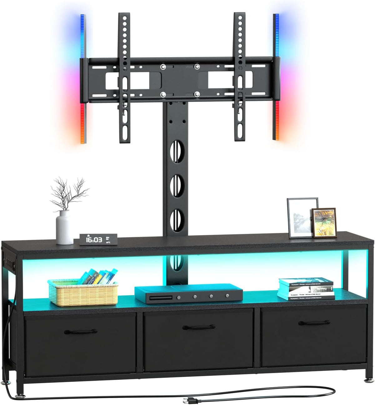 JUSTOGO TV Stand with Mount and Power Outlet, TV Stand Mount with Storage for Living Room, Entertainment Center with LED Lights for 45/55/60/65 inch, Height Adjustable Media Console, Black
