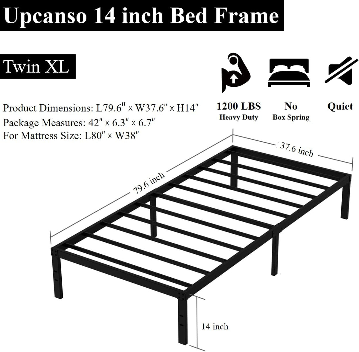 Twin XL Bed Frame No Box Spring Needed, 14 Inch Heavy Duty Metal Platform Bed Frame Twin XL Size with Storage, 2500lbs Steel Slats Support, Easy Assembly, Black
