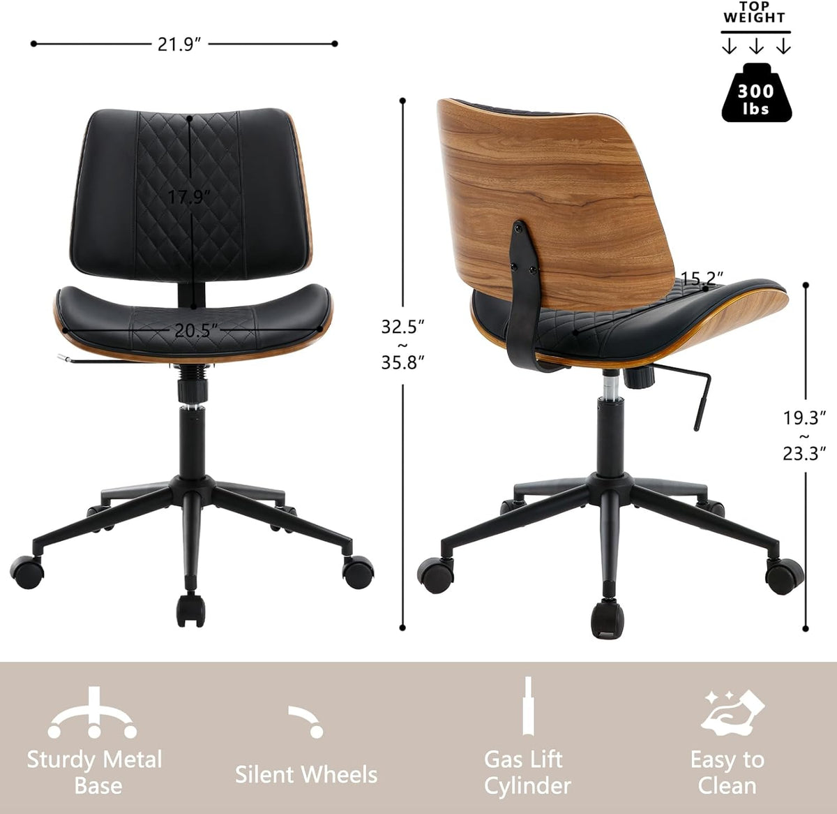 Home Office Chair No Arms with Wheels, Adjustable Height Small Desk Chair, PU Leather Mid Back 360 Swivel Computer Chair, Armless Modern Walnut Chair for Office, Reading Meeting Room(Black)