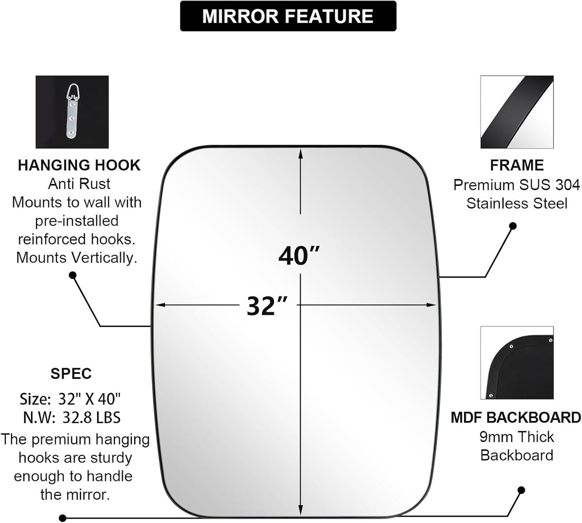 ANDY STAR Black Oblong Mirror, 32x40 Inch Black Oval Mirror for Bathroom with Stainless Steel Metal Frame, Wall Mouned for Bathroom, Living Room, Entryway