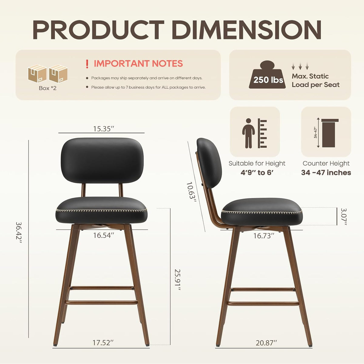 Swivel Bar Stools Set of 4, Mid Century PU Leather Counter Height Bar Chairs with Low Back and Metal Legs, Modern Bar Stool Chair for Kitchen Island, Black