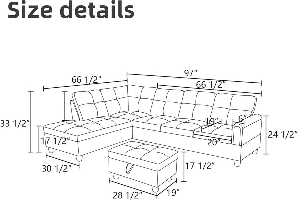 L Shaped Sectional Couches for Living Room, Modular Sectional Sofa with Ottoman Storage, Modern Comfy 4 Seat L Shaped Couch with Chaise for Bedroom Apartment Furniture, Black