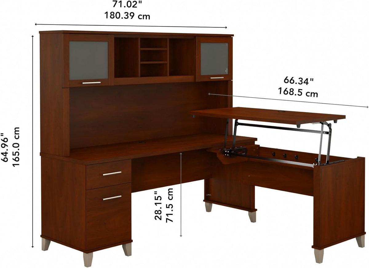 Bush Furniture Somerset 72W 3 Position Sit to Stand L Shaped Desk with Hutch in Hansen Cherry