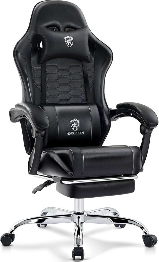 Gaming Chair,Computer Office Chair with Footrest,Massage Lumbar Support and Gel Pad,Ergonomic Reclining Adjustable Leather Gamer Chair with Headrest and Spring Cushion Black