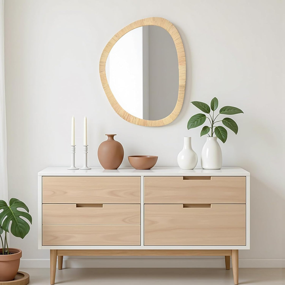 H HOMEWINS Rattan Mirror for Wall,31.5'' x 25.2" Wooden Framed Farmhouse Boho Wicker Coastal Irregular Vanity Mirror for Bathroom Living Room Entryway