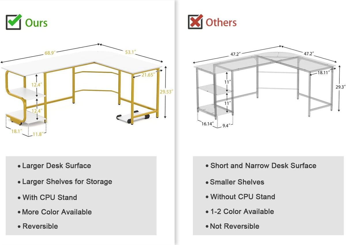 Teraves Reversible L Shaped Desk with Large Surface, 69 Inch Sturdy Corner Desk with Storage Shelves, Premium Office Computer Desk Workstation for Home Office Gaming