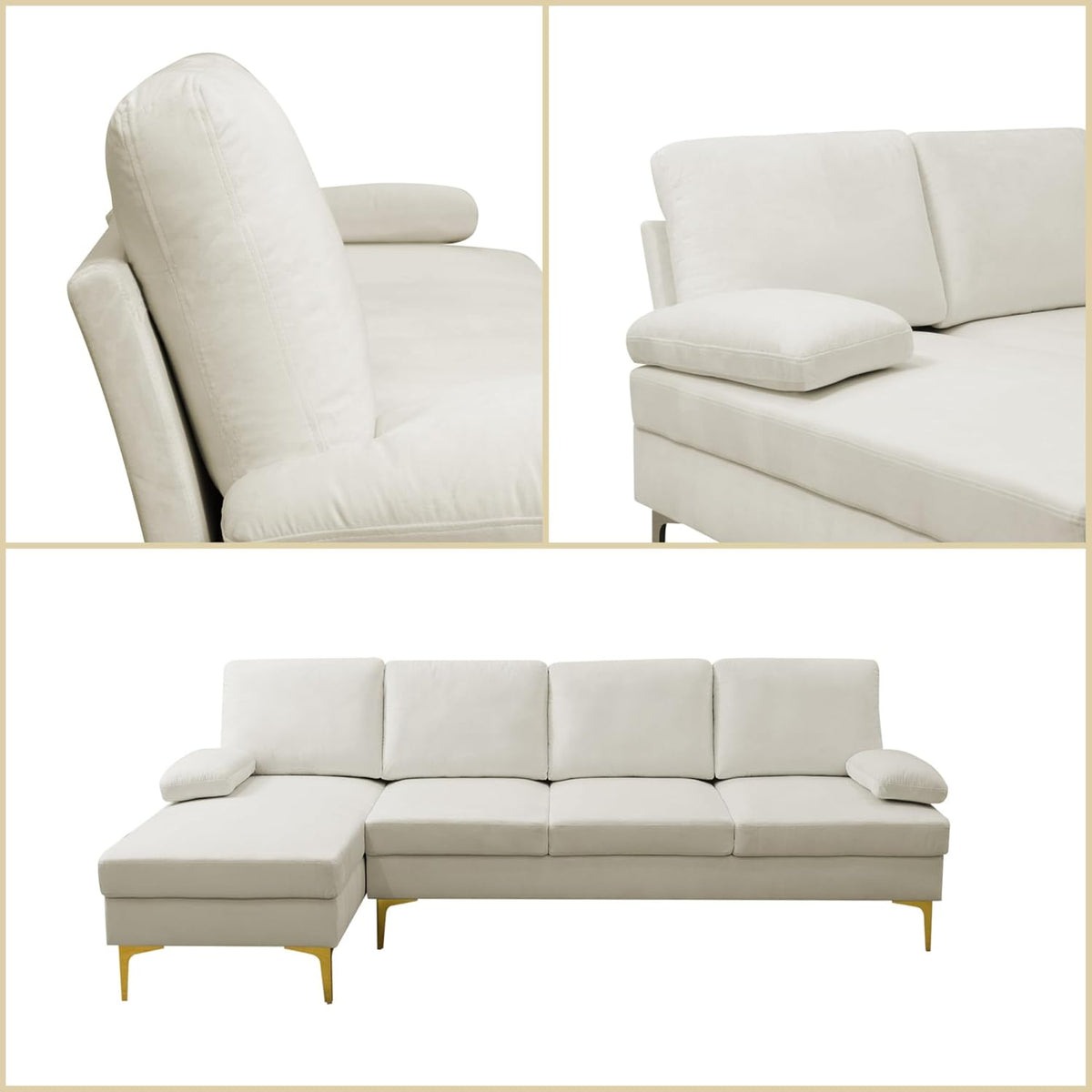 L Shaped Sectional Couch, Modern Modular Sectional Sofa with Chaise, 4 Seat Lounge Comfy L Shaped Couch Set with High Density Memory Foam for Living Room Apartment, White