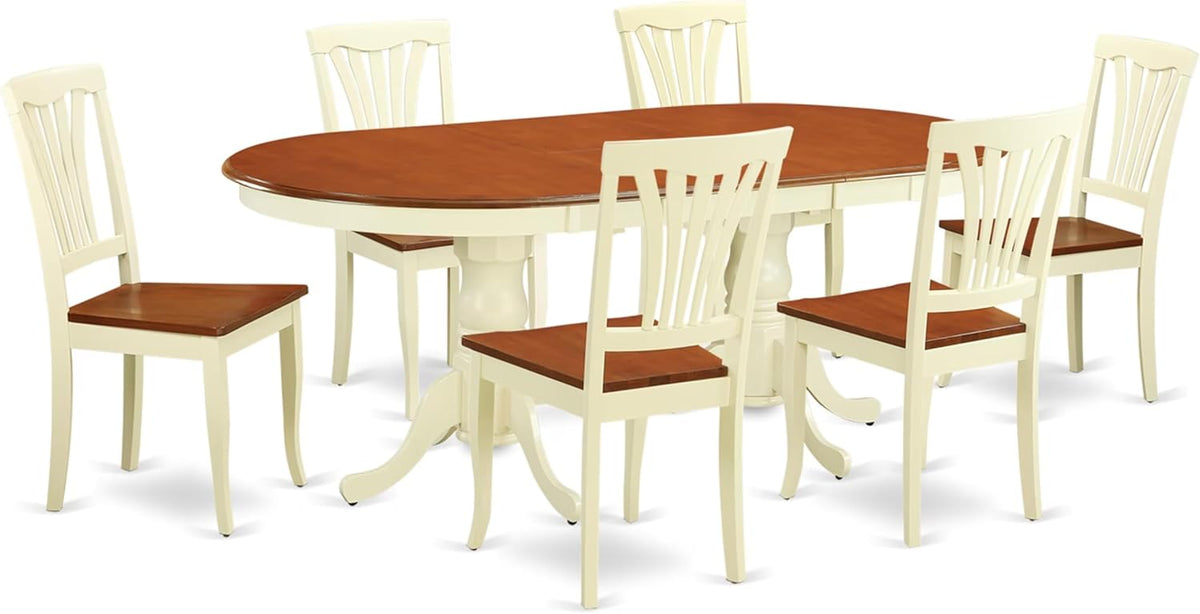 East West Furniture PLAV7-WHI-W 7 Piece Dining Set Consist of an Oval Dining Room Table with Butterfly Leaf and 6 Wood Seat Chairs, 42x78 Inch, Buttermilk & Cherry