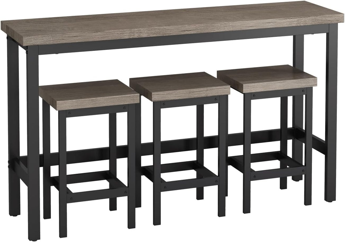 KEIKI 60.24” Long Bar High Top Dining Table and 3 Stools Chairs Set, Wood Behind Couch Sofa Counter Height Pub Furniture for Breakfast, Kitchen Living Party Room, Brown Grey