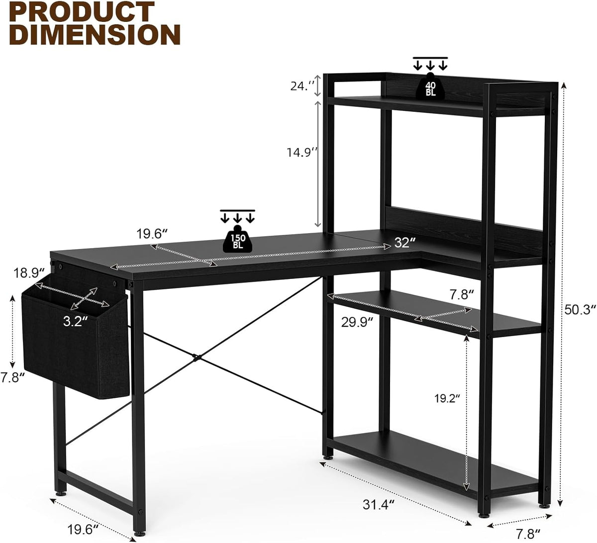 40 Inch L Shaped Computer Desk with Reversible Storage Shelves, Home Office Corner Desk Study Writing Table with Hutch, Study, Black