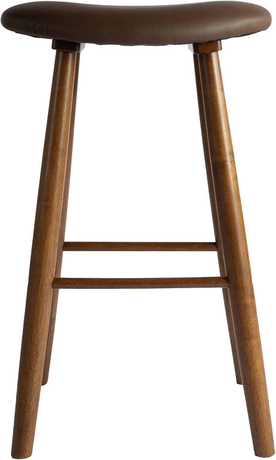 Nora 30" Upholstered Bar Stool, Backless Saddle Seat with Faux Leather Cushion, Solid Rubber Wood Frame in Brown Finish, Ideal for Kitchen Island or Home Bar Use