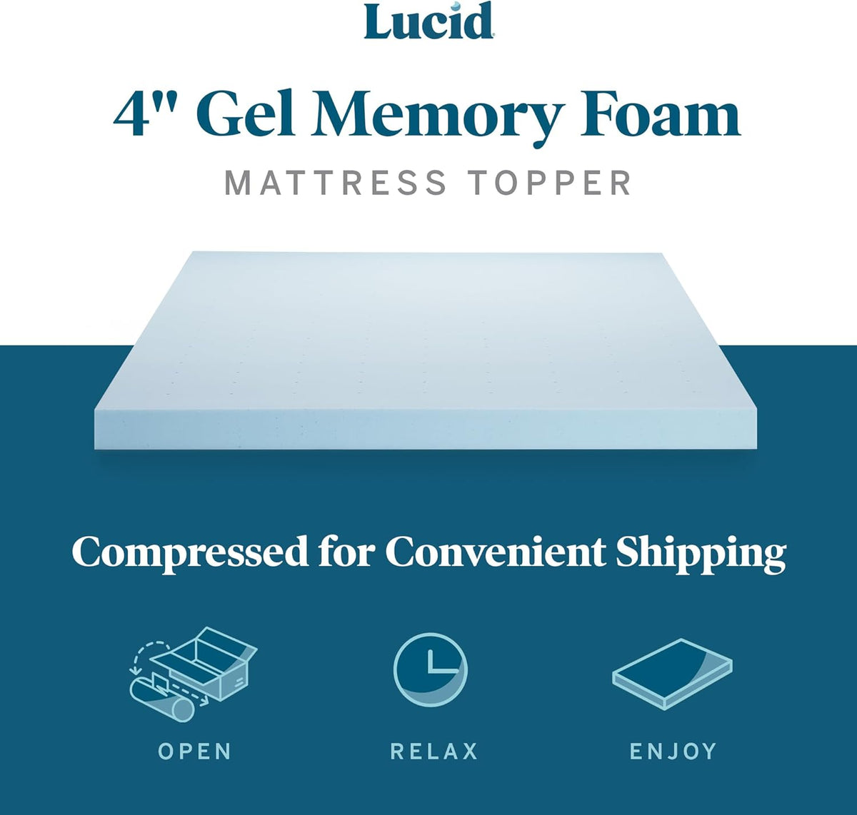 LUCID 4 Inch Gel Memory Foam Mattress Topper-Ventilated Design-Ultra Plush-Twin