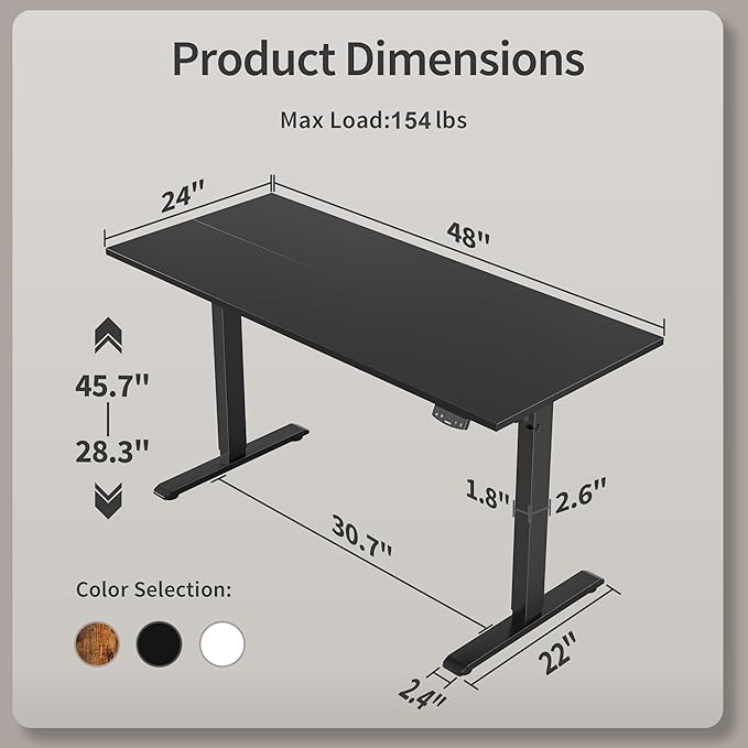 Agilestic Electric Standing Desk, 48 x 24 Inches Height Adjustable Desk, Sit Stand up for Work Office Home, Ergonomic Rising Gaming Computer Table with Memory Preset, Black