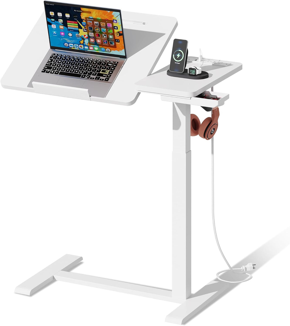 Standing Desk, Medical Overbed Table with Rolling Tray and Power Outlet, Dual Pneumatic Angle and Height Adjustable Desk, Portable Side Table with Drawer, Home & Hospital Use, White