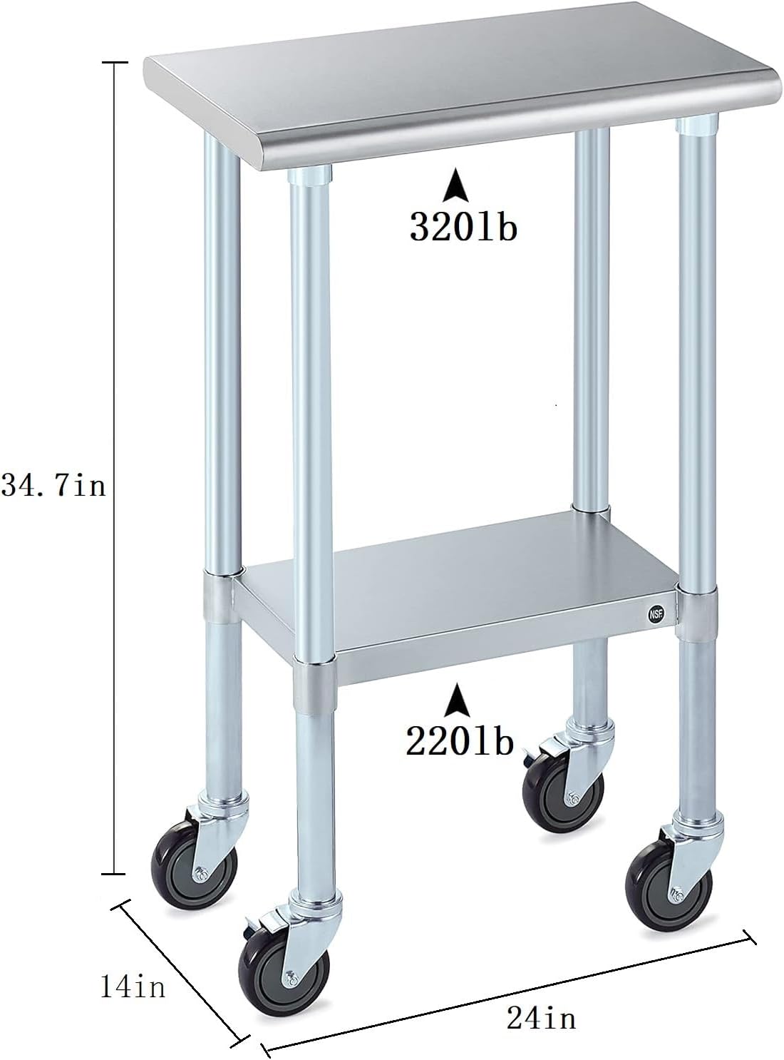 ROCKPOINT Stainless Steel Table for Prep & Work with Caster Wheels 14x24 Inches, NSF Metal Commercial Kitchen Heavy Duty Table with Adjustable Under Shelf and Table Foot for Restaurant, Home and Hotel