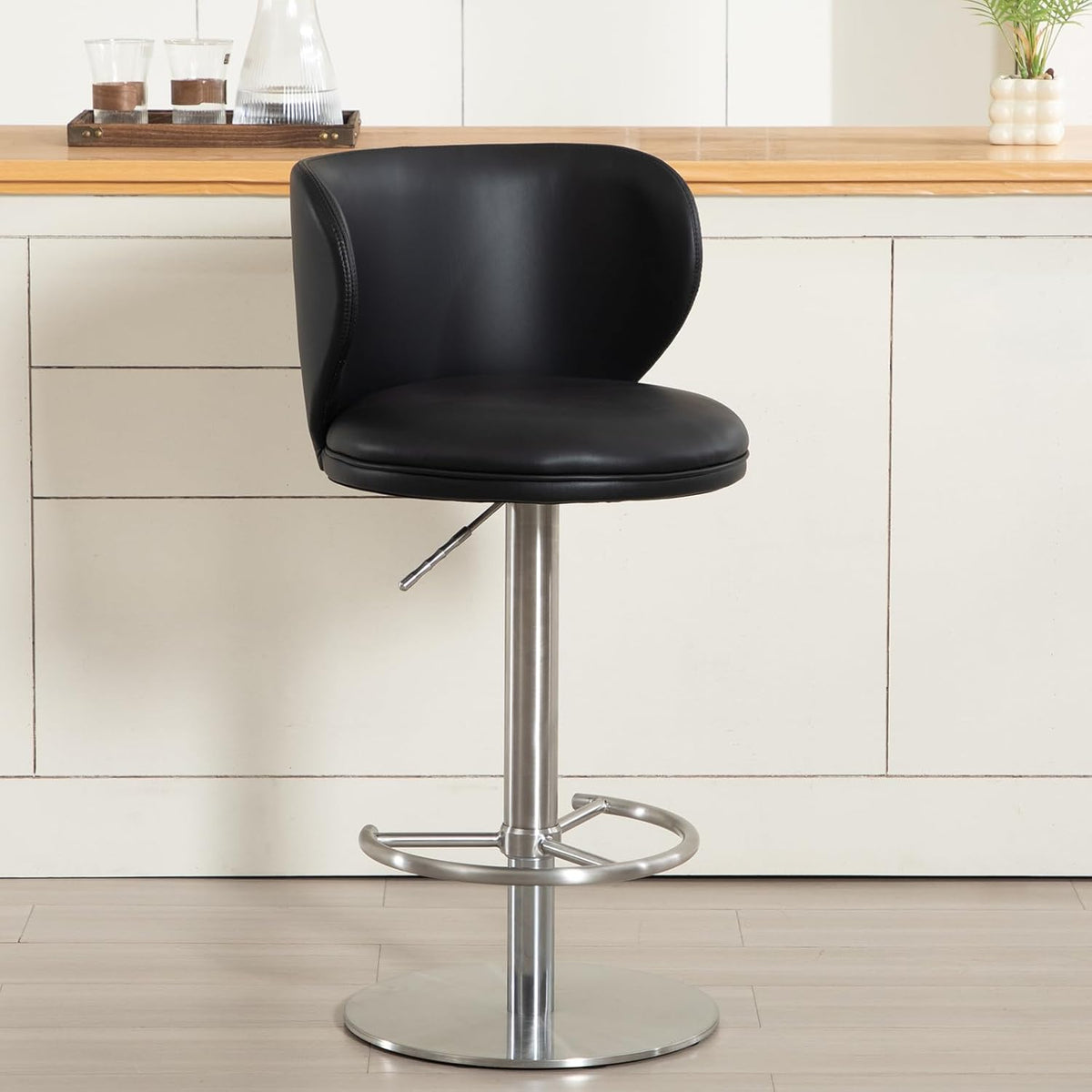 Stainless Steel Bar Stools,Grade Modern Leather Bar Chair with Backrest,Swivel Adjustable Height for Kitchen Counter and Dining Room (Black Leather-1pc)
