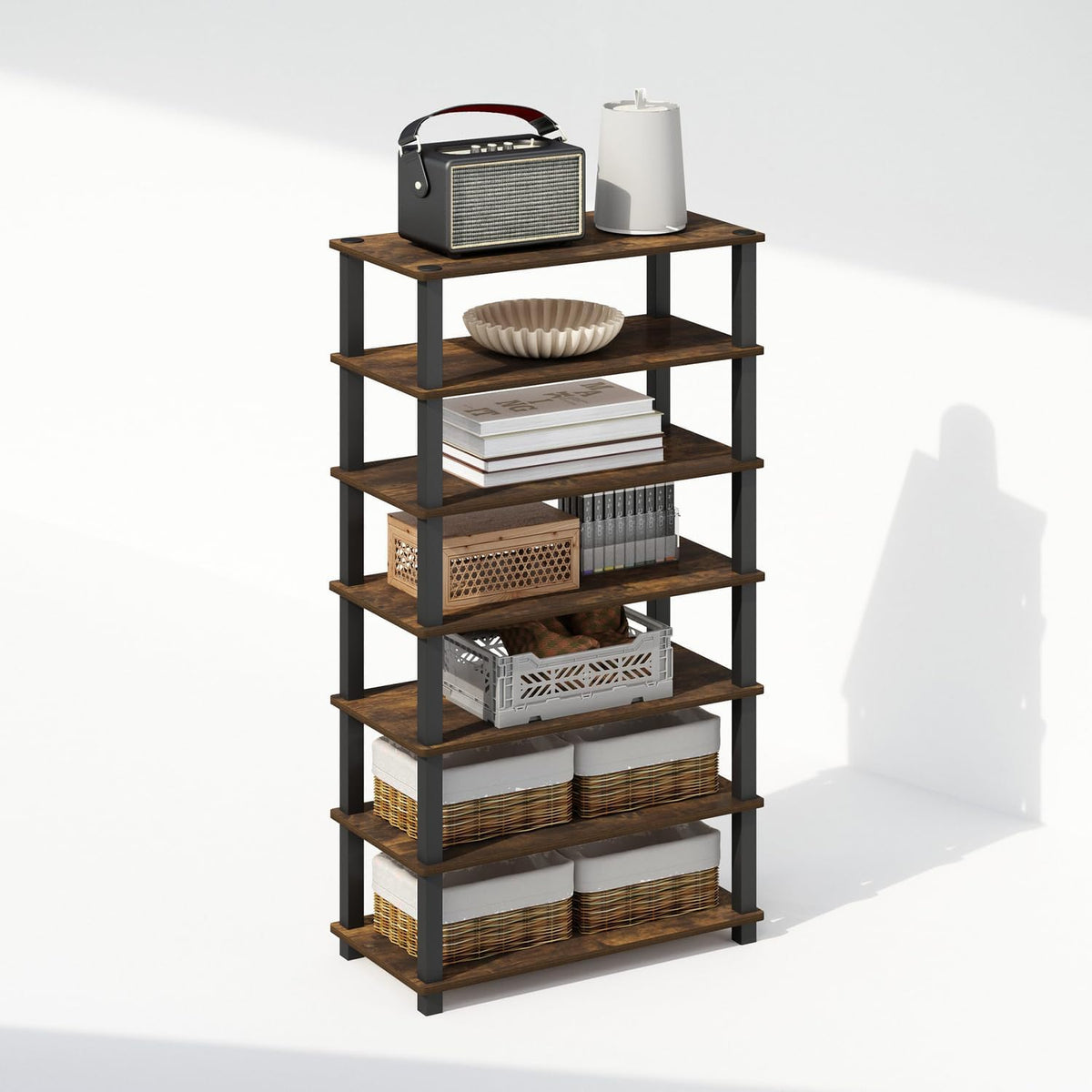 Furinno Turn-S-Tube 4-Tier Multipurpose Standing Shelves, Amber Pine/Black, Set of 2