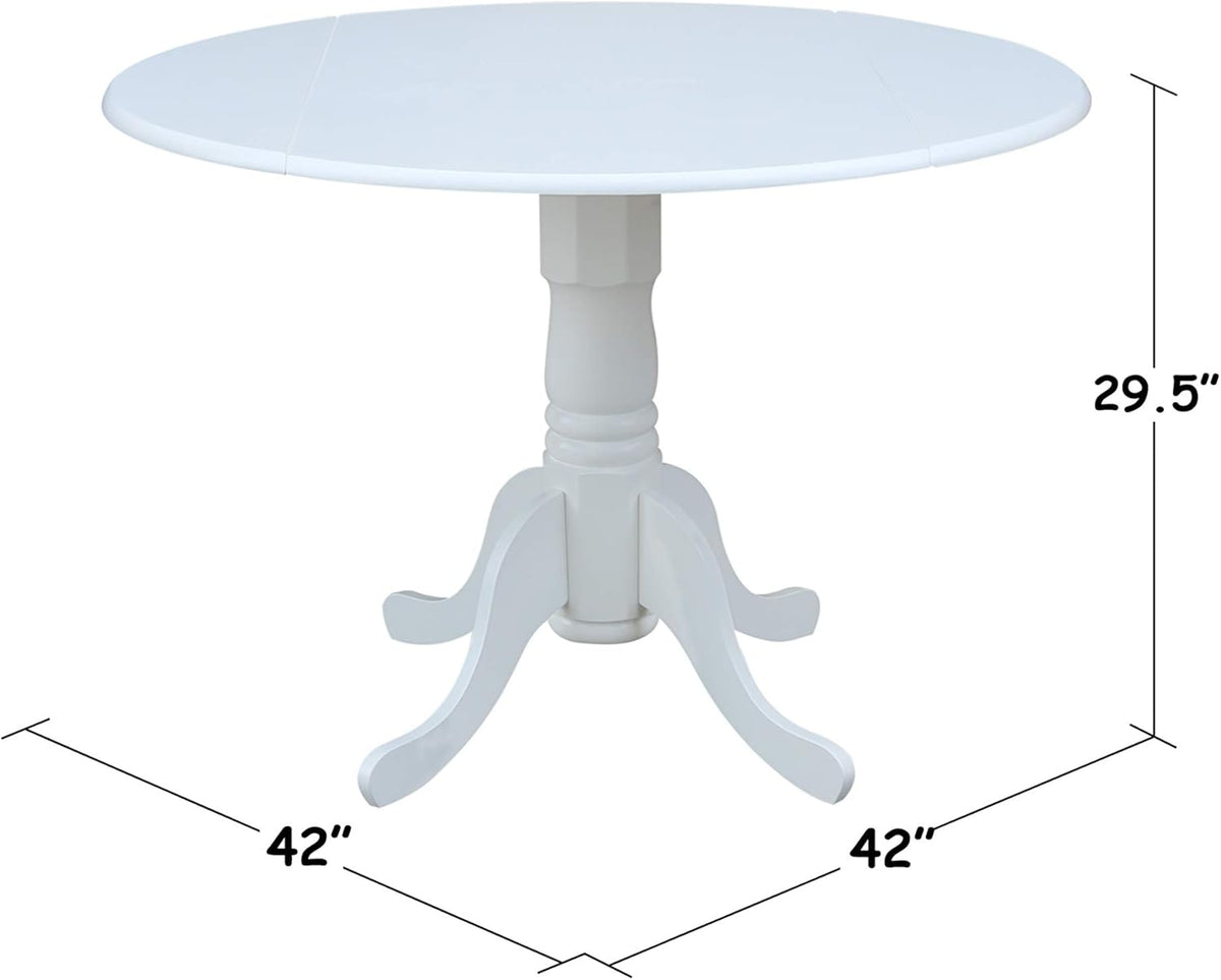 IC International Concepts, 42" Round Dual Drop Leaf Pedestal Dining Table, Solid Real Wood, Sturdy Parawood, White