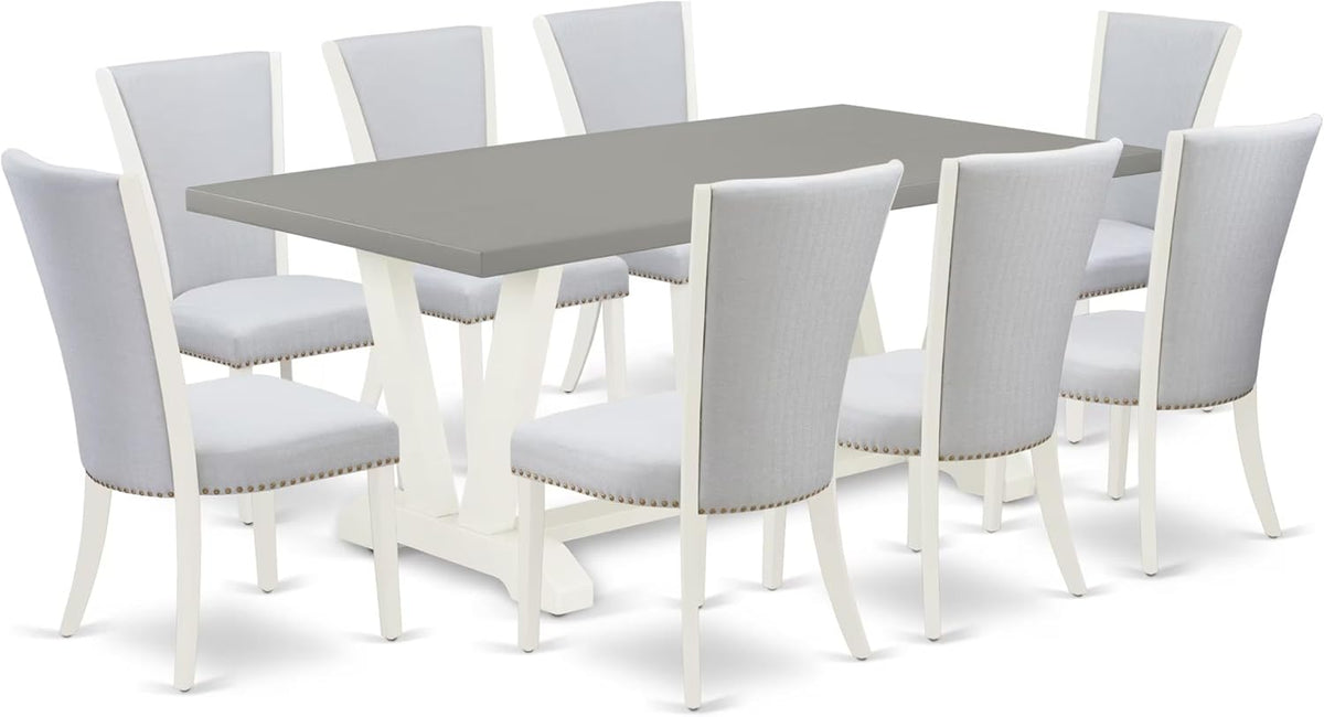 East West Furniture V097VE005-9 9 Piece Modern Dining Table Set Includes a Rectangle Wooden Table with V-Legs and 8 Grey Linen Fabric Upholstered Chairs, 40x72 Inch, Multi-Color