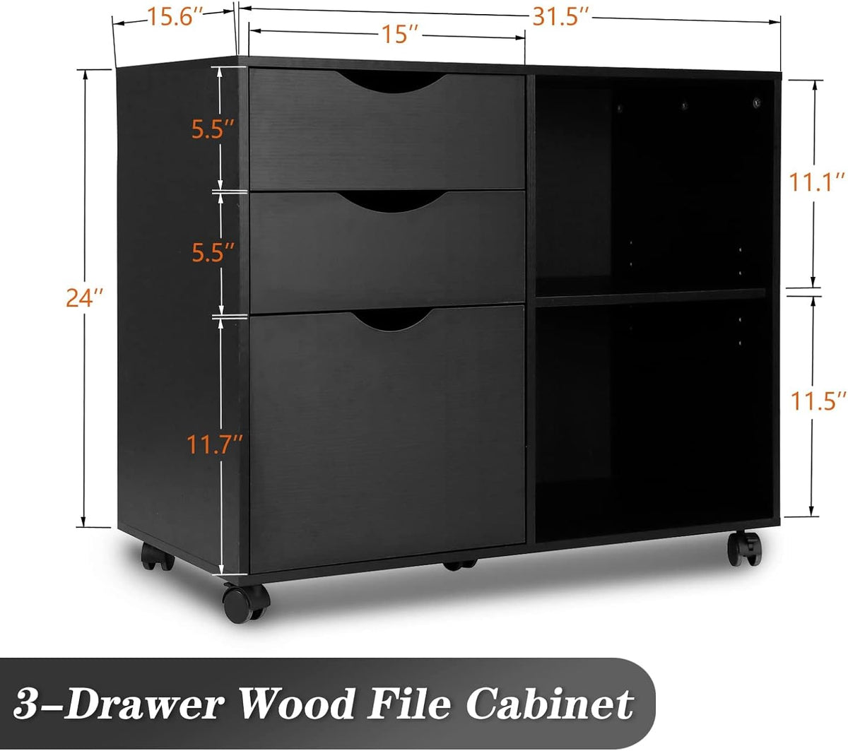 QDSSDECO 3-Drawer with Shelf Wood File Cabinet Mobile Lateral Filing Cabinet, with Rolling Wheel Printer Stand and Open Adjustable Storage Shelves, for Home Office, Black