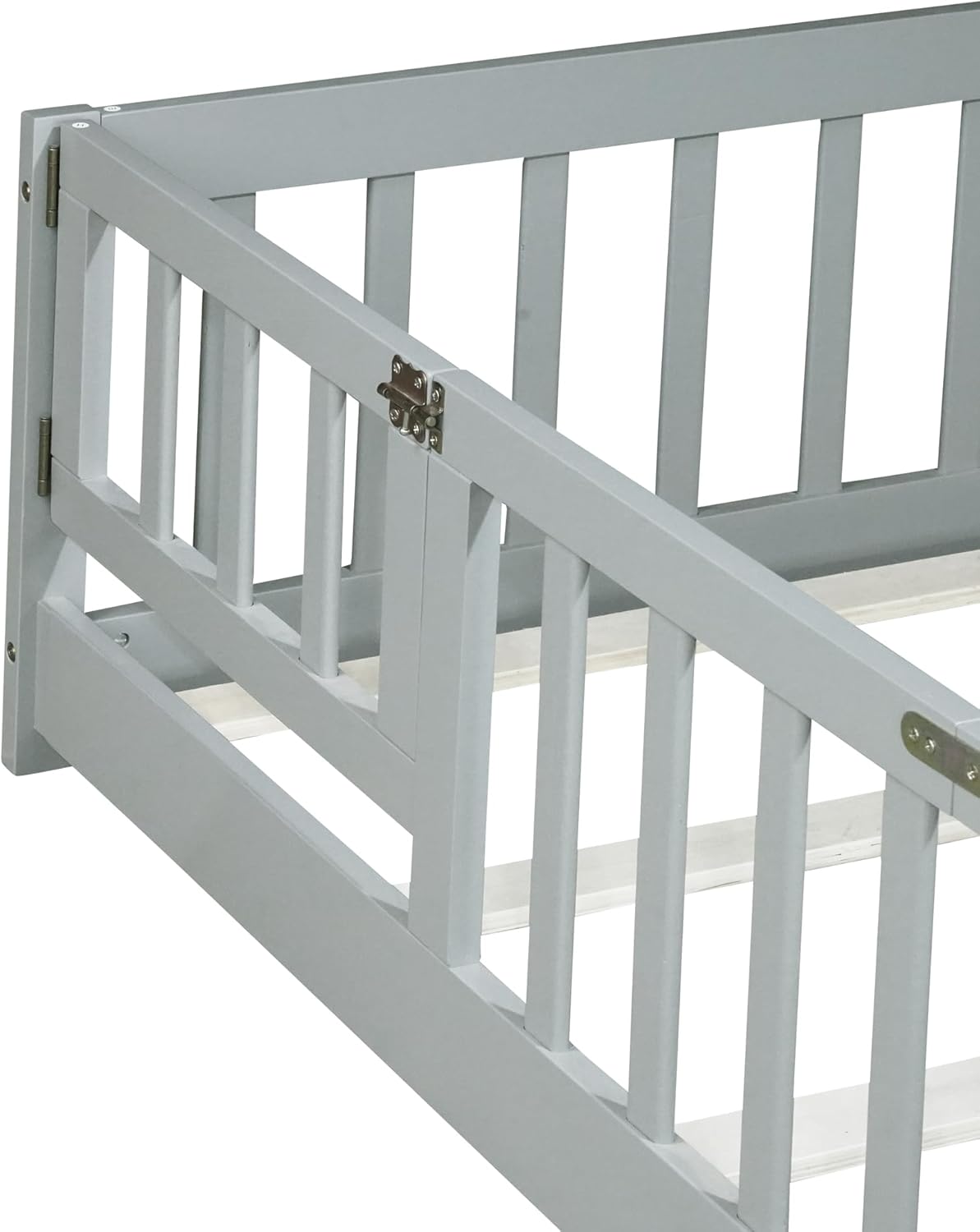 Bellemave Twin Floor Bed with Slats and Safety Guardrails, Kids Montessori Floor Beds with Fence and Door, Easy Assemble Floor Bed for Kids, Girls, Boys, Gray