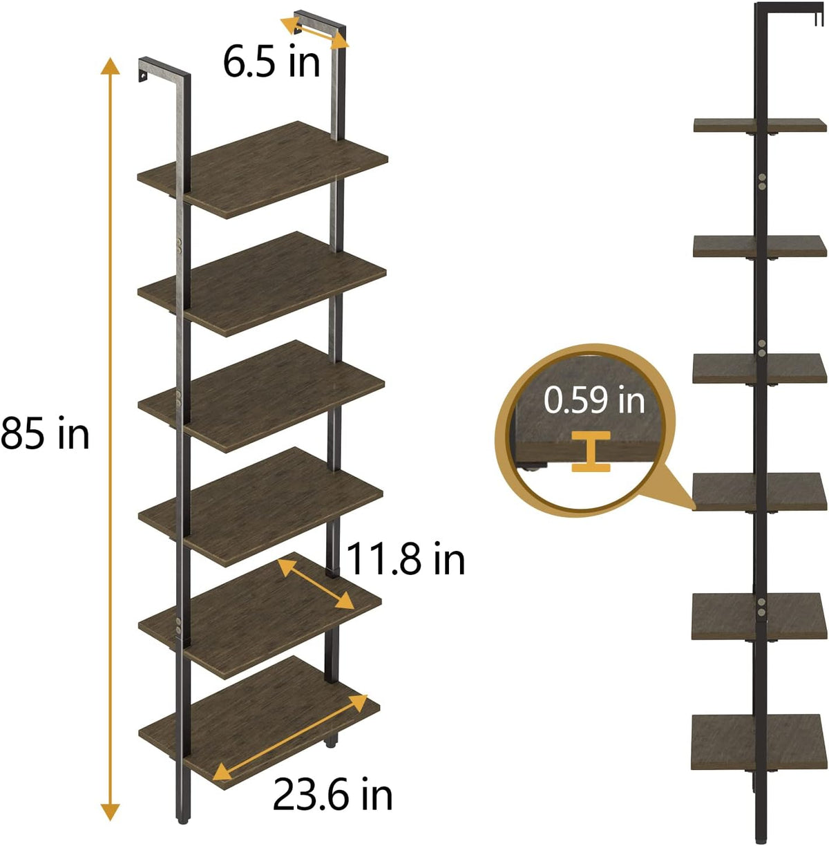 Ladder Shelf Black 6 Tiers Modern Bookshelf Room Organizer Open Tall Wall Mount Bookcase Standing Leaning Wall Shelves Industrial Decorative Living Room Bed Room (Brown)