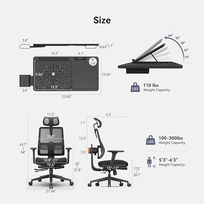 Newtral Ergonomic Home Office Chair-Office Desk Chair with Footrest, Auto-Following Backrest & Headrest, 4D Armrests, 96°-136° Recline (Black, with Laptop Table + 2D Headrest)