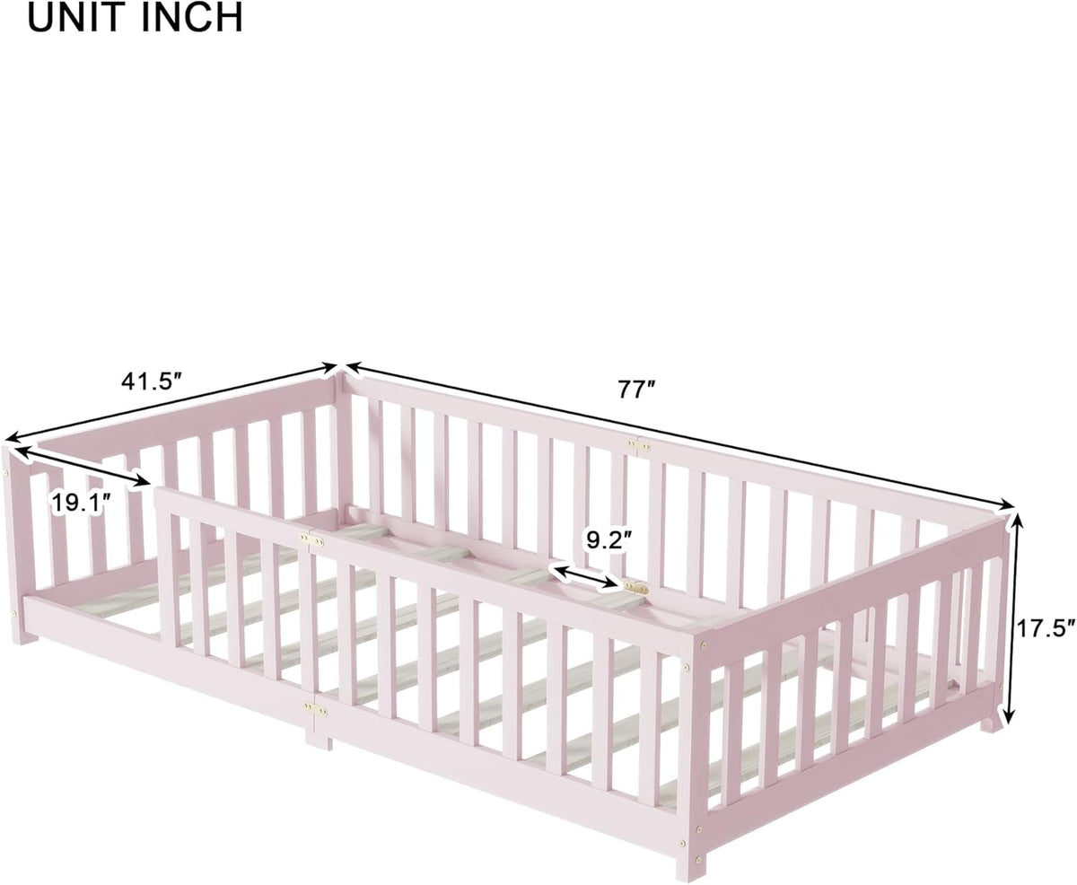 Bellemave Twin Floor Bed with Slats and Safety Guardrails, Kids Montessori Floor Beds with Fence and Without Door, Easy Assemble Floor Bed for Kids, Girls, Boys, Pink