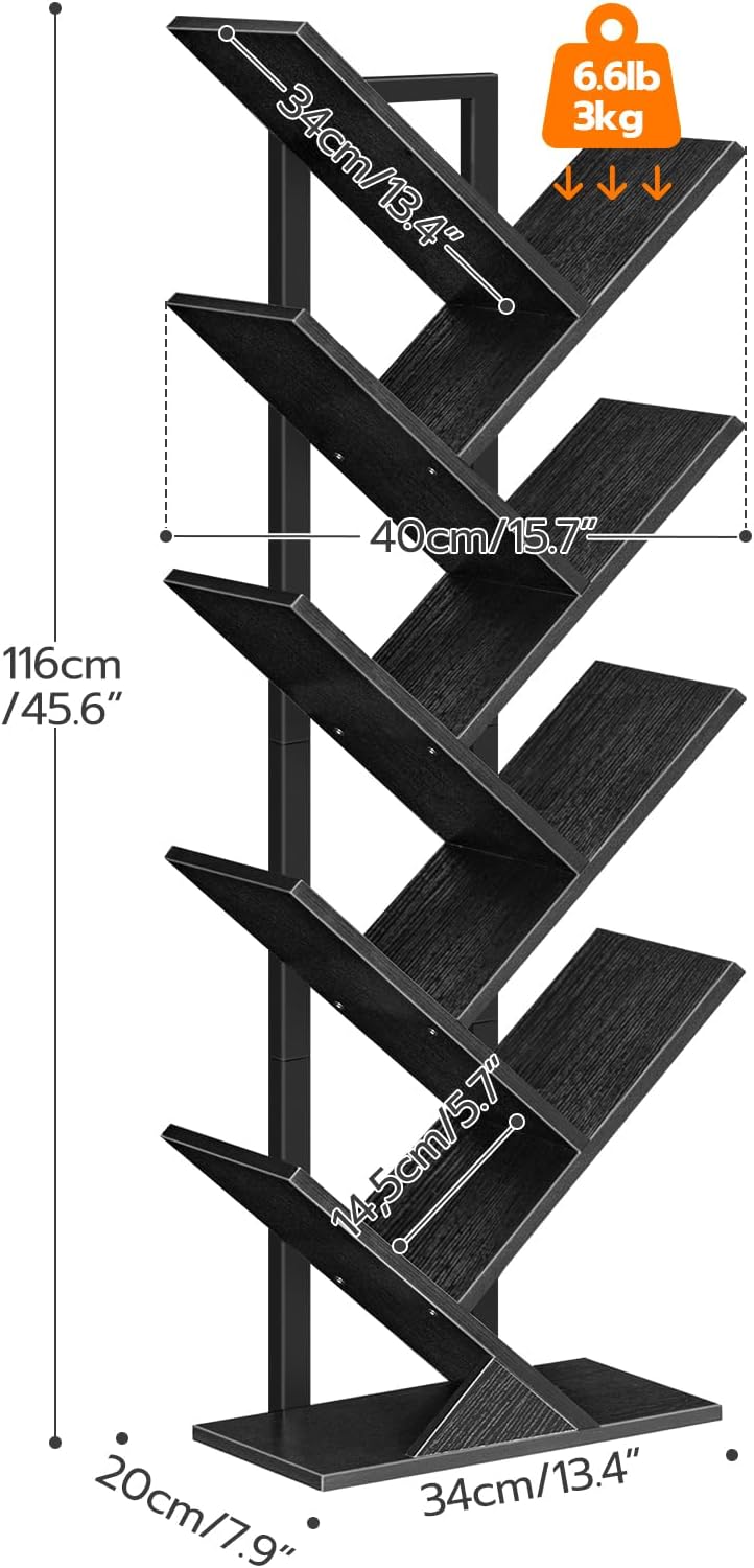 HOOBRO Tree Bookshelf, 9-Tier Bookcase Wooden Shelves, Floor Standing Storage Rack, for Display of CDs, Books in Living Room, Home Office, Wood Storage Rack for Bedroom, Black BB08SJ01G1