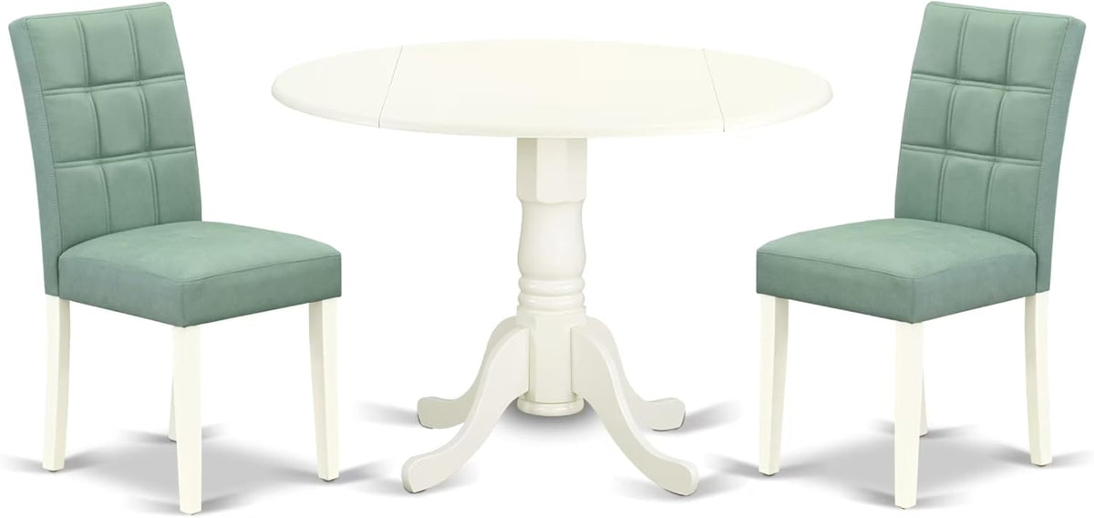 East West Furniture DLAS3-WHI-43 3 Piece Modern Dining Set contain A Wood Dining Table and 2 Willow Green Polyester Fabric Mid Century Chairs, Linen White