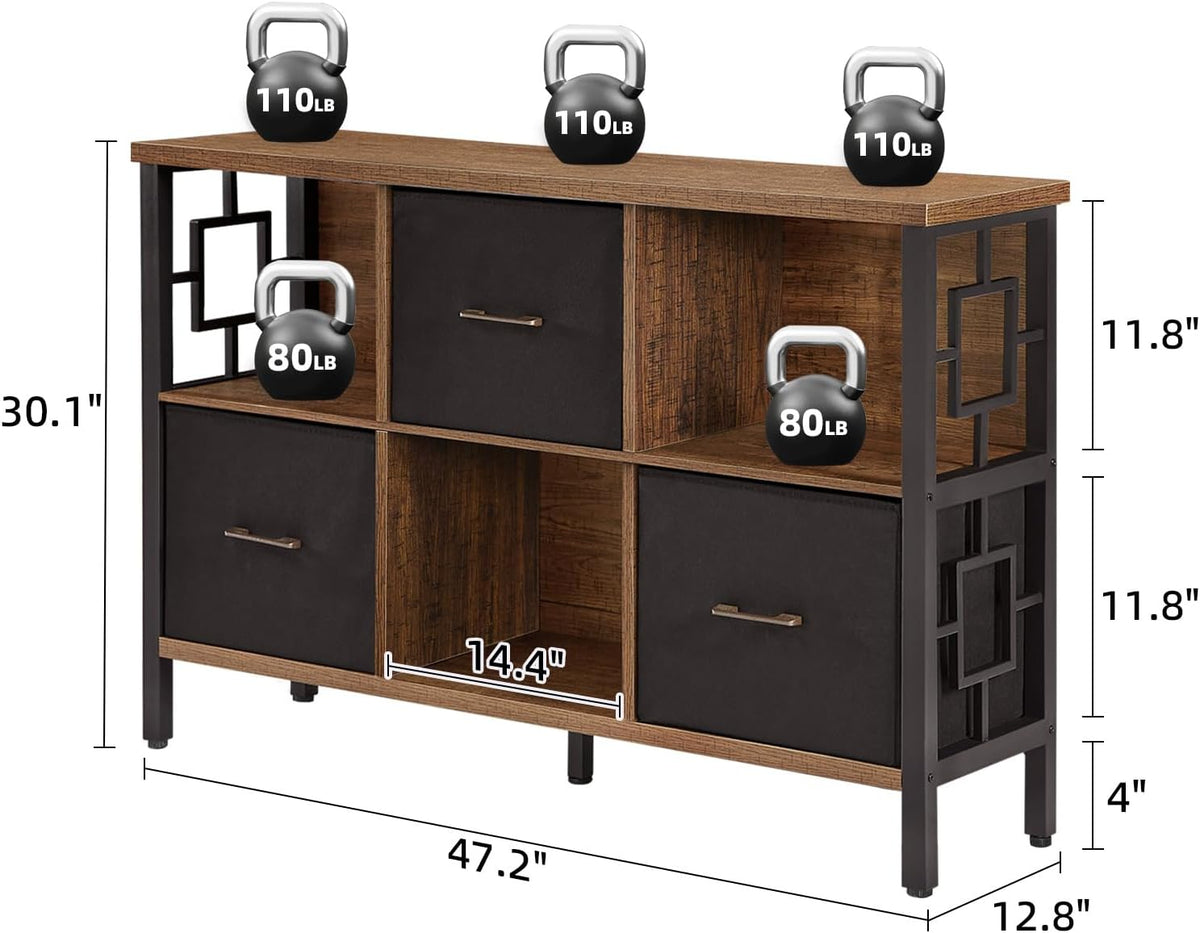HOMISSUE 6 Cube Storage Organizer Shelf, Rustic Short Bookshelf with 3 Storage Bins, Industrial Horizontal Bookshelf with Metal Frame, Low and Wide Cube Bookcase for Living Room and Office, Brown