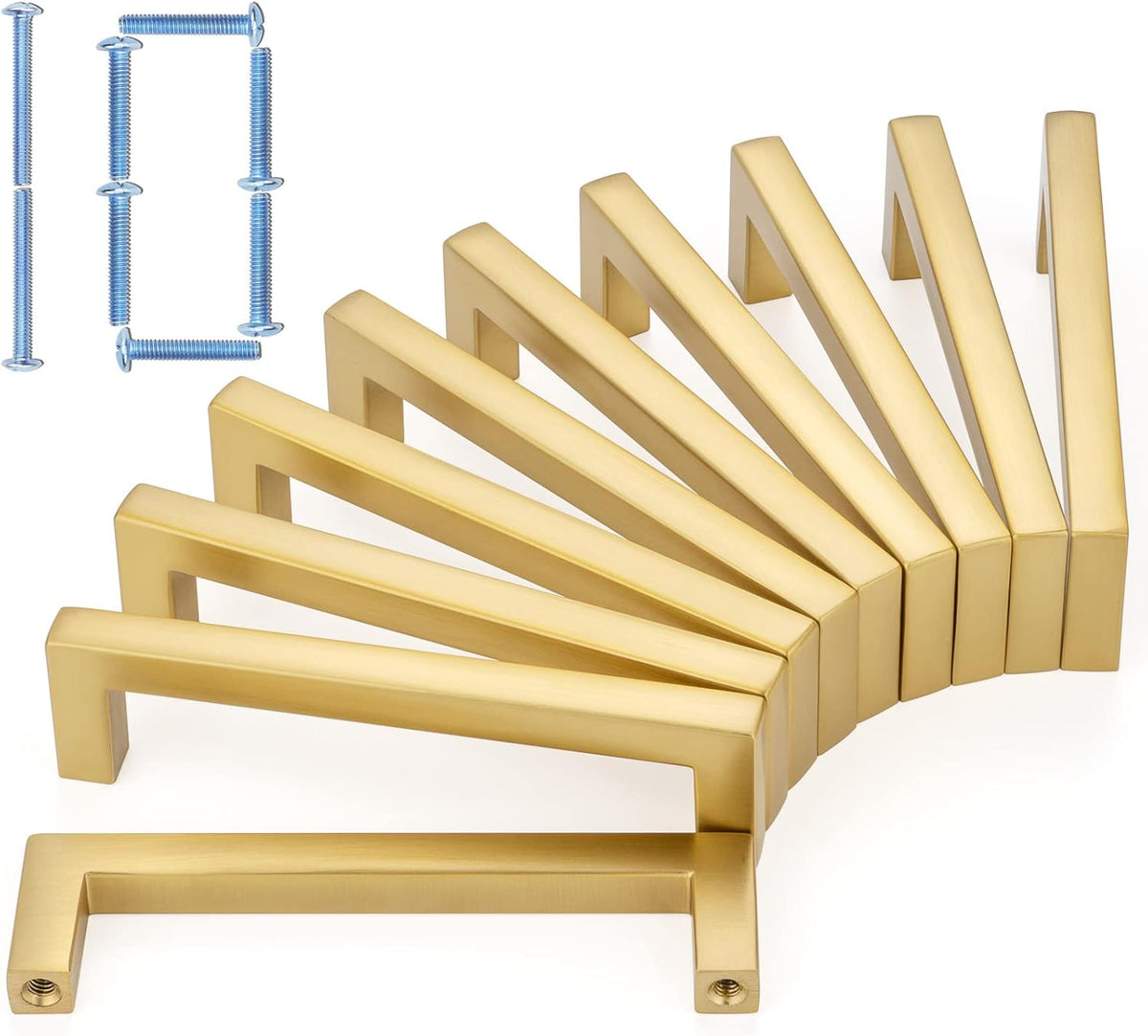 KOOFIZO Solid Square Bar Cabinet Handle - Brushed Gold Furniture Pull, 3.8 Inch/96mm Screwhole Distance, 10-Pack for Kitchen Cupboard Door, Bedroom Dresser Drawer, Bathroom Wardrobe Hardware