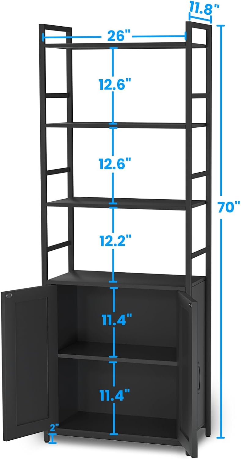 Black Bookshelf with Doors,70" Tall Bookcase with Storage Cabinet,6 Tier Book Shelf for Living Room/Bedroom/Office/Kitchen,70"(H)*26"(L)*11.8"(W)