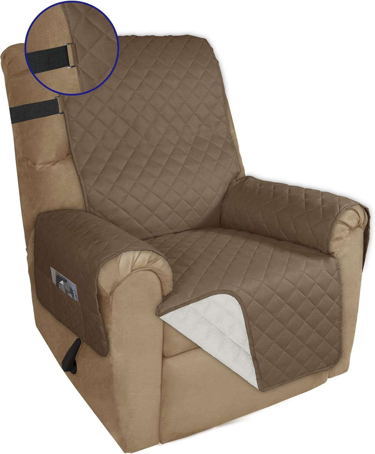 PureFit Reversible Sofa Cover Water Resistant Recliner Couch Cover, Machine Washable Furniture Cover with Adjustable Strap for Dogs, Pets (Recliner, Camel/Ivory)