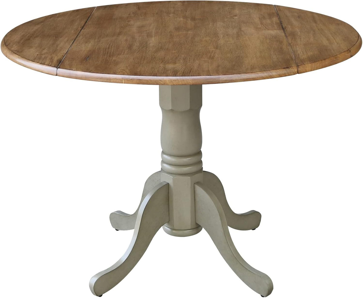 IC International Concepts, 42" Round Dual Drop Leaf Pedestal Dining Table, Solid Real Wood, Sturdy Parawood, Distressed Hickory/Stone