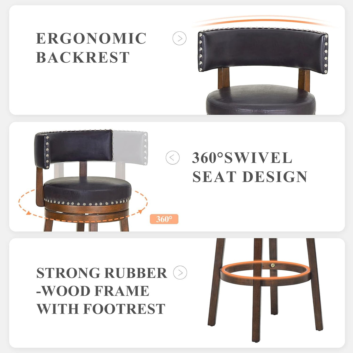 COLAMY Swivel Bar Stool, Swivel Bar Height Bar Stool, Modern Swivel Barstool with Back, Upholstered Wood Barstool for Kitchen Island Dining Room Bar, Dark Brown, FM-4840-30-DarkBrown-L